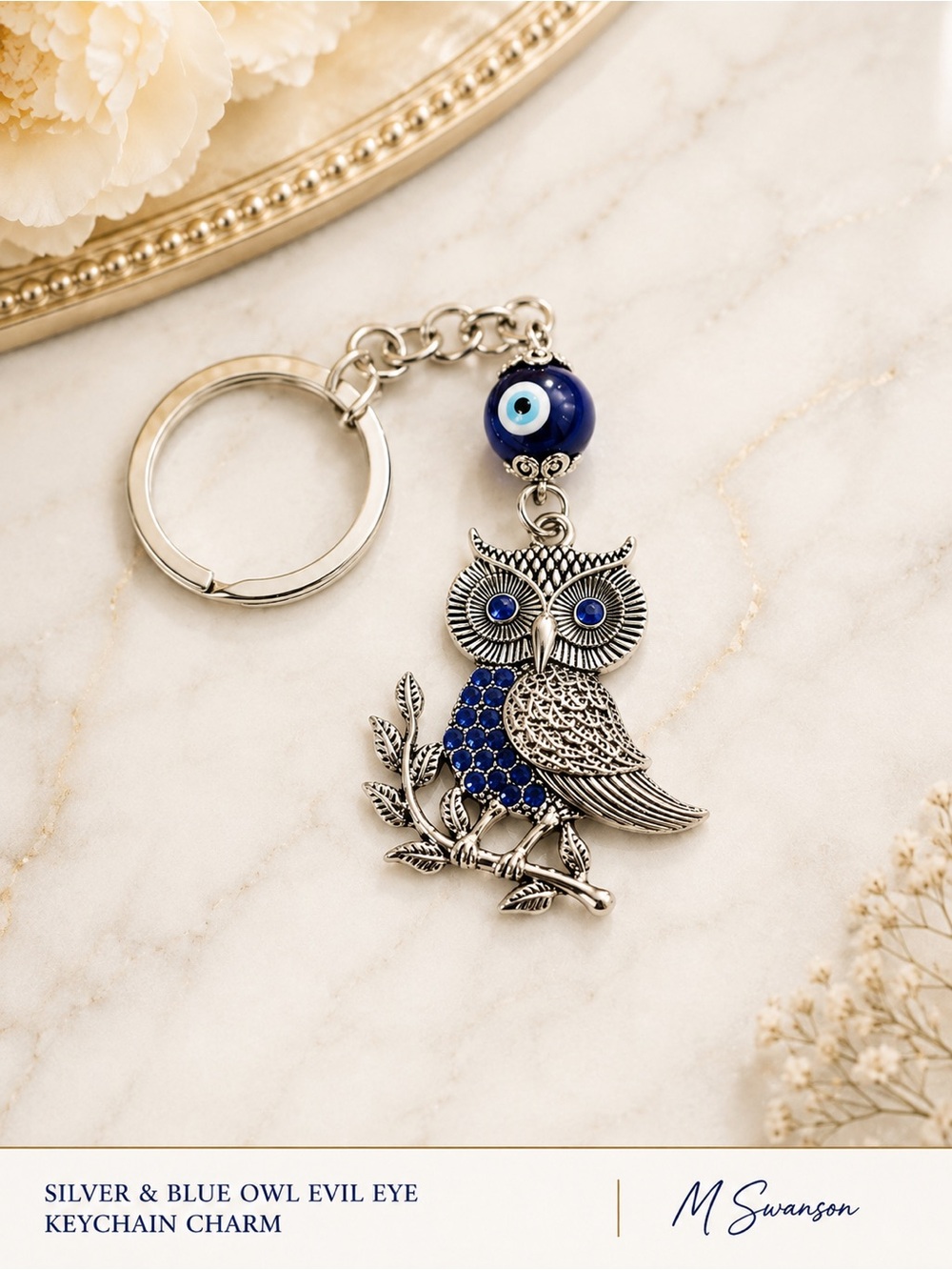 NEW Silver & Blue Owl Evil Eye Keychain Charm NWT